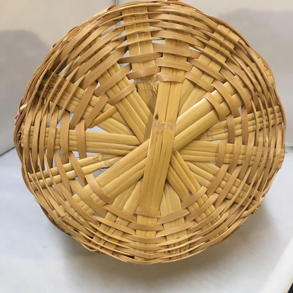 Vintage Mexican Woven Basket Handle Natural Purple Handcrafted Easter Holiday